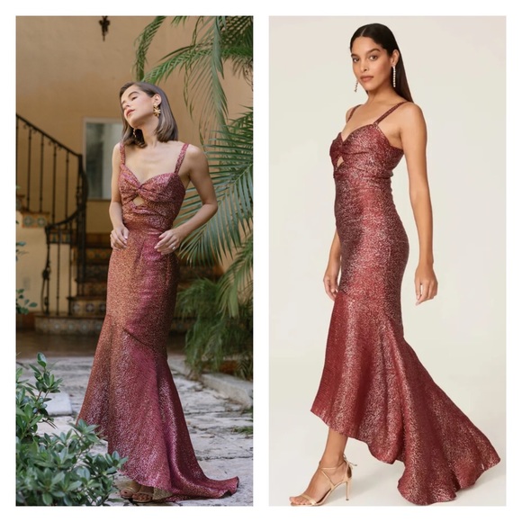 Monique Lhuillier Dresses & Skirts - MONIQUE LHUILLIER Burgundy Metallic Hi Low Gown Size 6 Monique Lhuillier